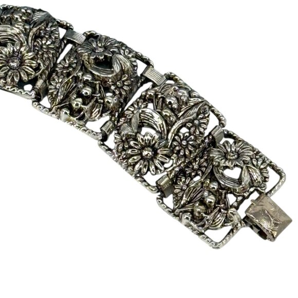 Vintage Sarah Coventry Floral SilverTone Panel Bracelet Antique Garden Sunflower - Picture 10 of 12